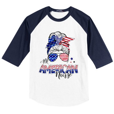 American Flag Patriotic Nurse Messy Bun 4th Of July Baseball Sleeve Shirt