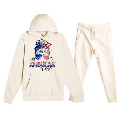 American Flag Patriotic Nurse Messy Bun 4th Of July Premium Hooded Sweatsuit Set