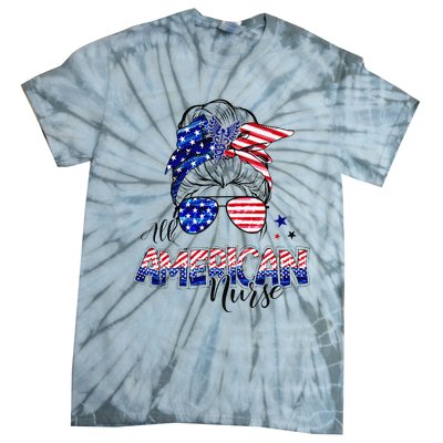 American Flag Patriotic Nurse Messy Bun 4th Of July Tie-Dye T-Shirt