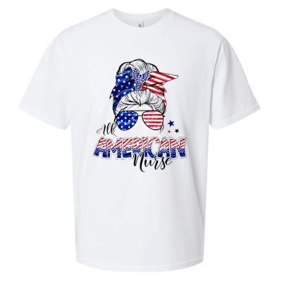 American Flag Patriotic Nurse Messy Bun 4th Of July Sueded Cloud Jersey T-Shirt