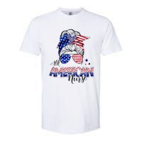 American Flag Patriotic Nurse Messy Bun 4th Of July Softstyle CVC T-Shirt