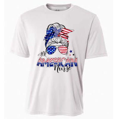 American Flag Patriotic Nurse Messy Bun 4th Of July Cooling Performance Crew T-Shirt