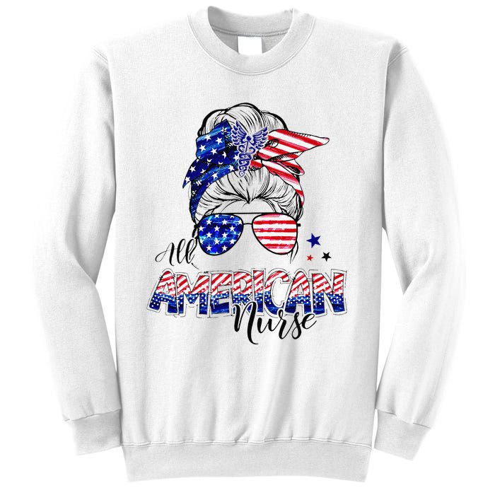 American Flag Patriotic Nurse Messy Bun 4th Of July Sweatshirt