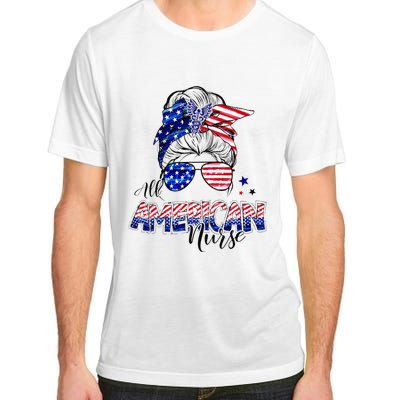 American Flag Patriotic Nurse Messy Bun 4th Of July Adult ChromaSoft Performance T-Shirt