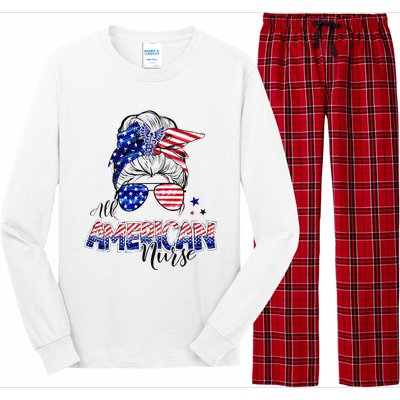 American Flag Patriotic Nurse Messy Bun 4th Of July Long Sleeve Pajama Set