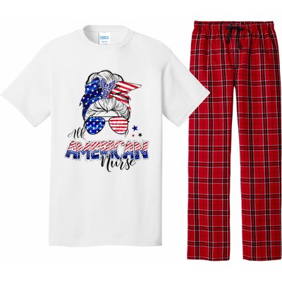 American Flag Patriotic Nurse Messy Bun 4th Of July Pajama Set