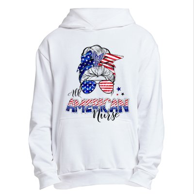 American Flag Patriotic Nurse Messy Bun 4th Of July Urban Pullover Hoodie