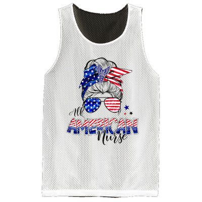 American Flag Patriotic Nurse Messy Bun 4th Of July Mesh Reversible Basketball Jersey Tank