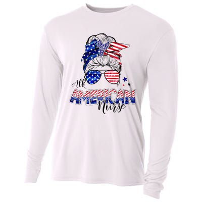 American Flag Patriotic Nurse Messy Bun 4th Of July Cooling Performance Long Sleeve Crew