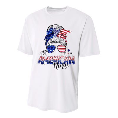 American Flag Patriotic Nurse Messy Bun 4th Of July Performance Sprint T-Shirt