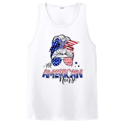 American Flag Patriotic Nurse Messy Bun 4th Of July PosiCharge Competitor Tank