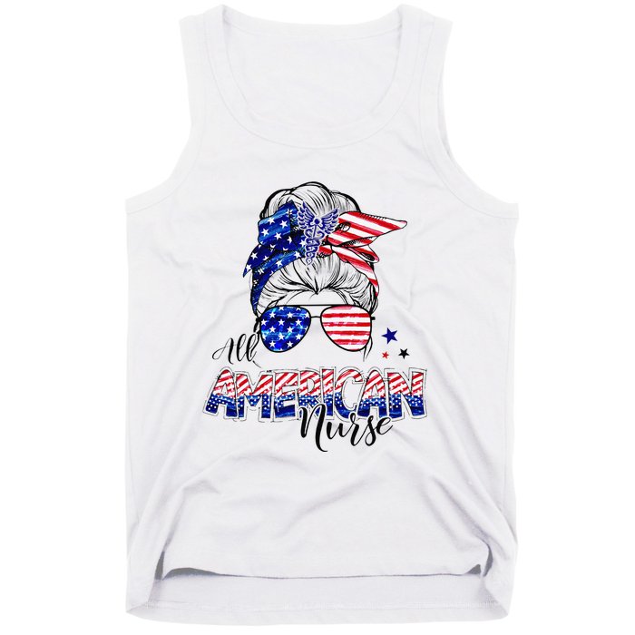 American Flag Patriotic Nurse Messy Bun 4th Of July Tank Top