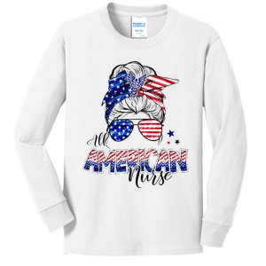 American Flag Patriotic Nurse Messy Bun 4th Of July Kids Long Sleeve Shirt