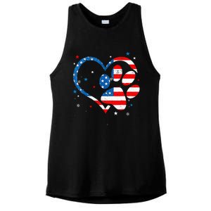 American Flag Patriotic Dog & Cat Paw Print 4th Of July Ladies PosiCharge Tri-Blend Wicking Tank