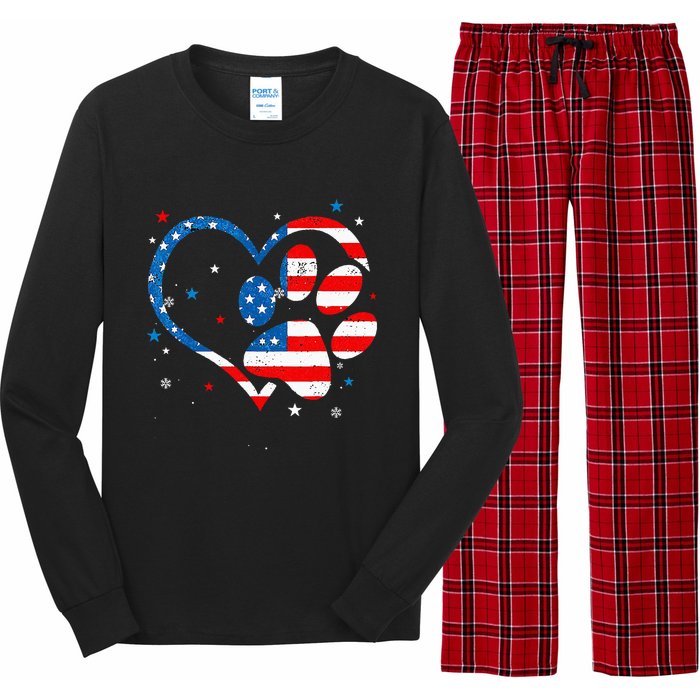 American Flag Patriotic Dog & Cat Paw Print 4th Of July Long Sleeve Pajama Set