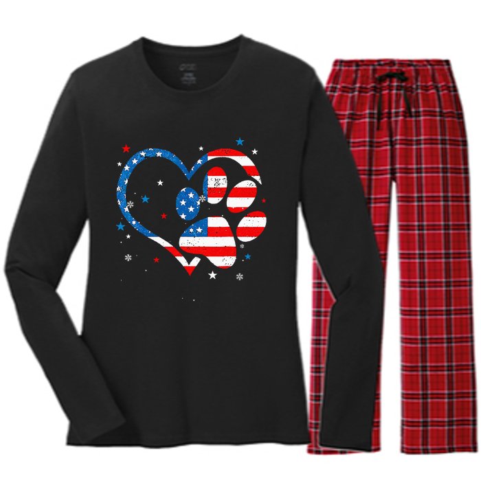 American Flag Patriotic Dog & Cat Paw Print 4th Of July Women's Long Sleeve Flannel Pajama Set 