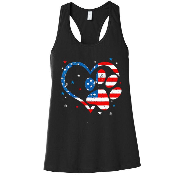 American Flag Patriotic Dog & Cat Paw Print 4th Of July Women's Racerback Tank