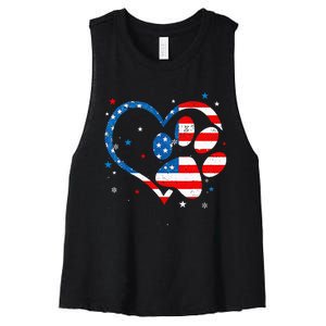 American Flag Patriotic Dog & Cat Paw Print 4th Of July Women's Racerback Cropped Tank