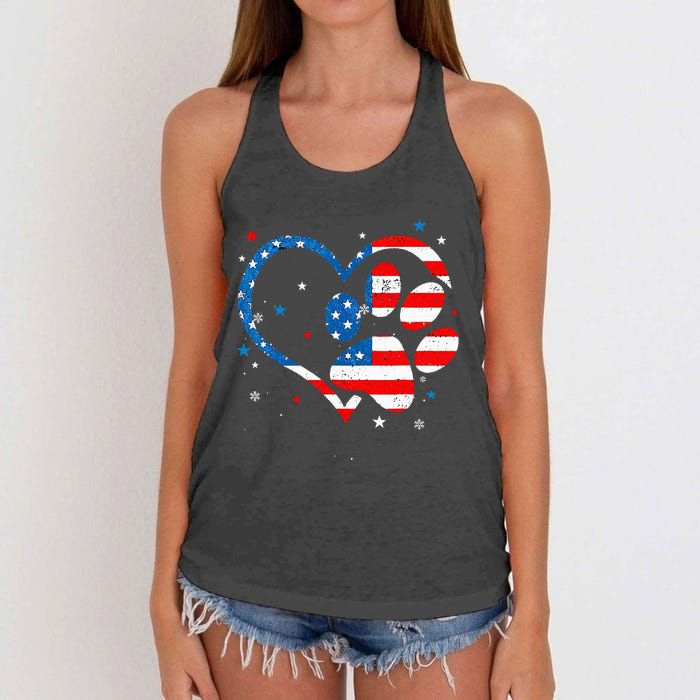 American Flag Patriotic Dog & Cat Paw Print 4th Of July Women's Knotted Racerback Tank