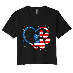 American Flag Patriotic Dog & Cat Paw Print 4th Of July Women's Crop Top Tee