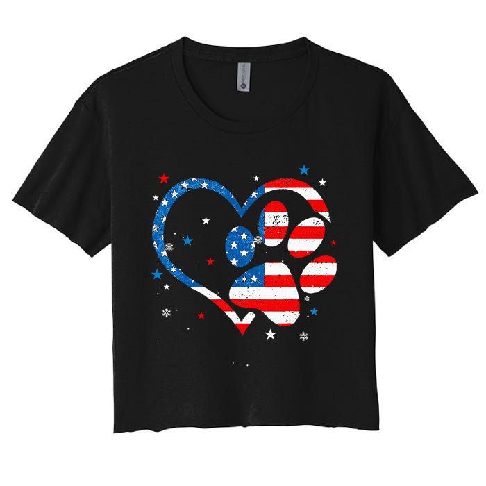 American Flag Patriotic Dog & Cat Paw Print 4th Of July Women's Crop Top Tee