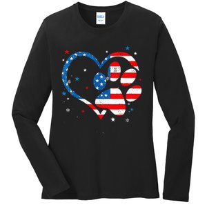 American Flag Patriotic Dog & Cat Paw Print 4th Of July Ladies Long Sleeve Shirt