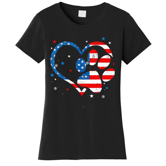 American Flag Patriotic Dog & Cat Paw Print 4th Of July Women's T-Shirt