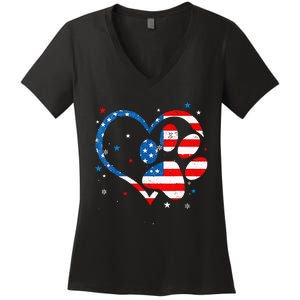 American Flag Patriotic Dog & Cat Paw Print 4th Of July Women's V-Neck T-Shirt