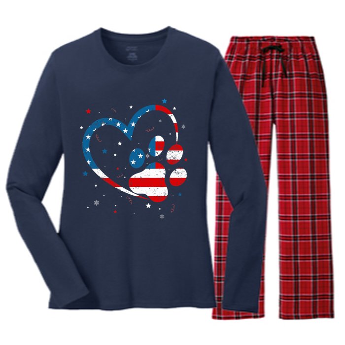 American Flag Patriotic Dog & Cat Paw Print - 4th Of July Women's Long Sleeve Flannel Pajama Set 