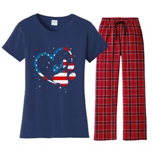 American Flag Patriotic Dog & Cat Paw Print - 4th Of July Women's Flannel Pajama Set