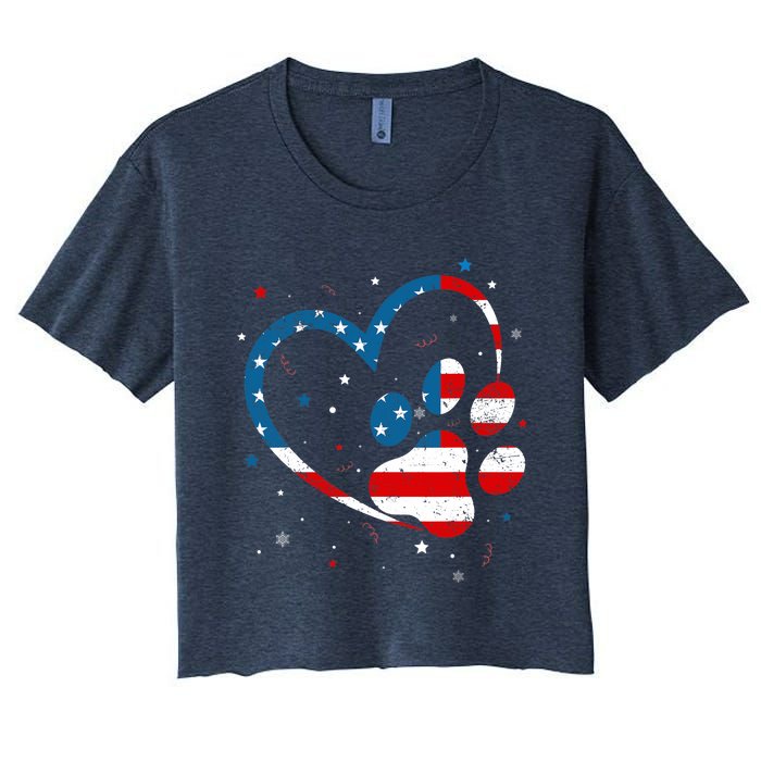 American Flag Patriotic Dog & Cat Paw Print - 4th Of July Women's Crop Top Tee