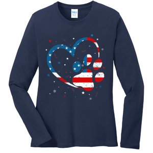 American Flag Patriotic Dog & Cat Paw Print - 4th Of July Ladies Long Sleeve Shirt