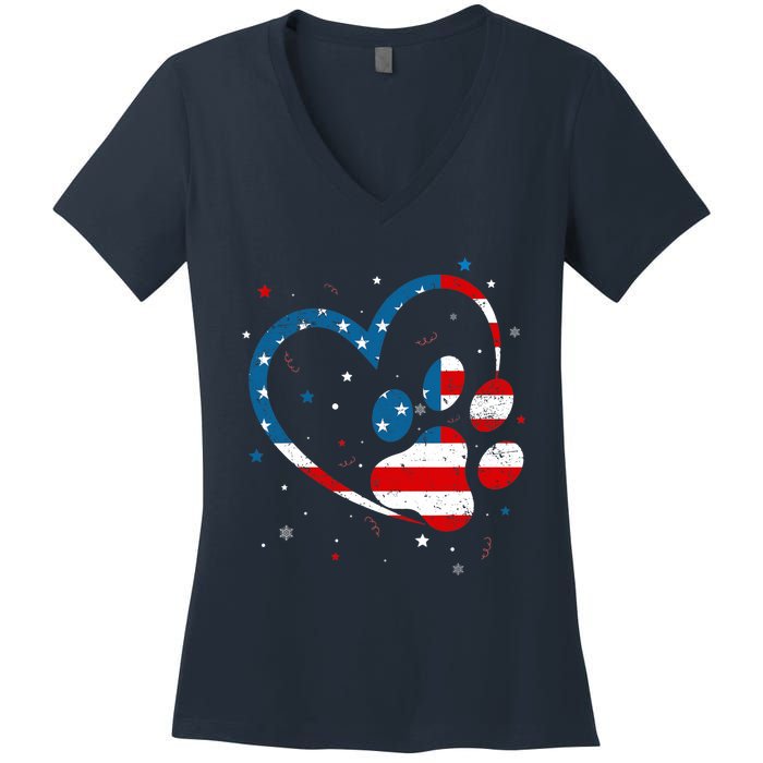 American Flag Patriotic Dog & Cat Paw Print - 4th Of July Women's V-Neck T-Shirt