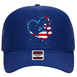 American Flag Patriotic Dog & Cat Paw Print - 4th Of July High Crown Mesh Back Trucker Hat