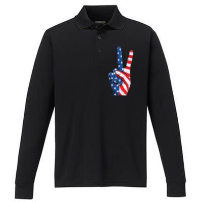 American Flag Peace Sign Hand Fourth of July vintage Performance Long Sleeve Polo