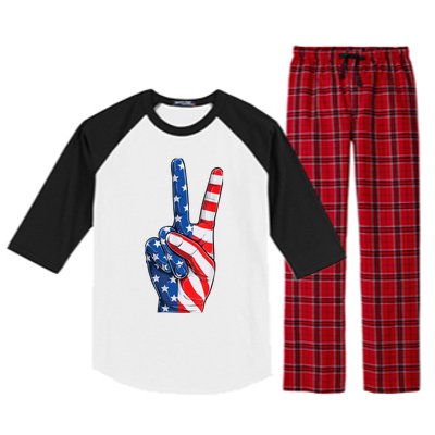 American Flag Peace Sign Hand Fourth of July vintage Raglan Sleeve Pajama Set