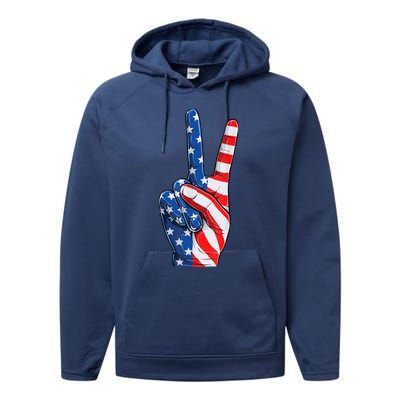 American Flag Peace Sign Hand Fourth of July vintage Performance Fleece Hoodie