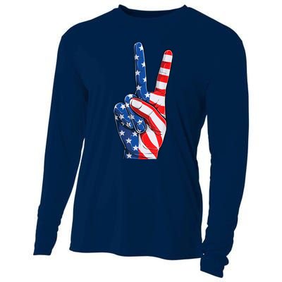 American Flag Peace Sign Hand Fourth of July vintage Cooling Performance Long Sleeve Crew