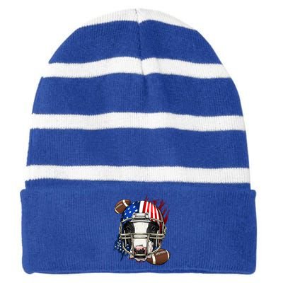 American Football Player Cow Farm Animal Patriotic Cow Lover Cute Gift Striped Beanie with Solid Band