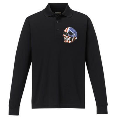 American Flag Patriotic Skull Performance Long Sleeve Polo