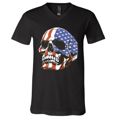 American Flag Patriotic Skull V-Neck T-Shirt