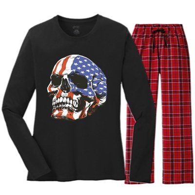 American Flag Patriotic Skull Women's Long Sleeve Flannel Pajama Set 