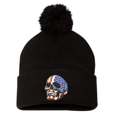American Flag Patriotic Skull Pom Pom 12in Knit Beanie