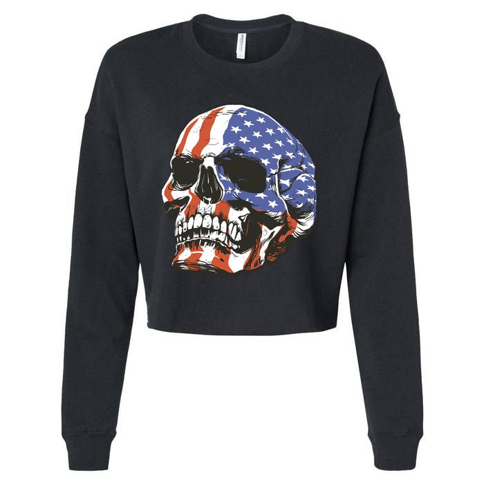 American Flag Patriotic Skull Cropped Pullover Crew