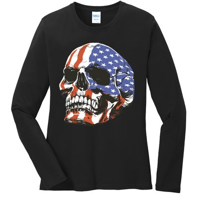 American Flag Patriotic Skull Ladies Long Sleeve Shirt