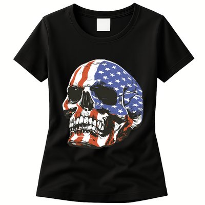 American Flag Patriotic Skull Womens T-Shirt
