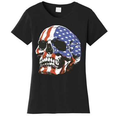 American Flag Patriotic Skull Women's T-Shirt