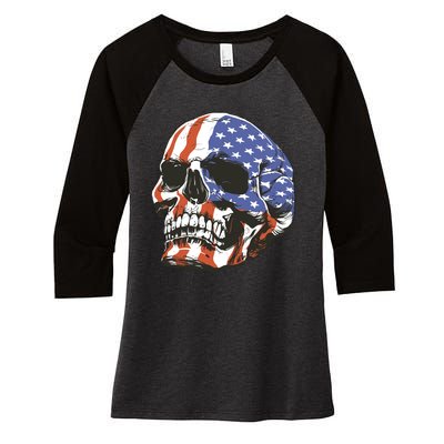 American Flag Patriotic Skull Women's Tri-Blend 3/4-Sleeve Raglan Shirt