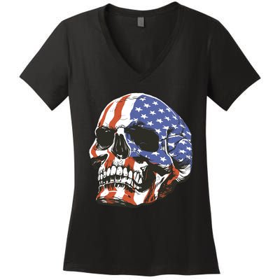 American Flag Patriotic Skull Women's V-Neck T-Shirt