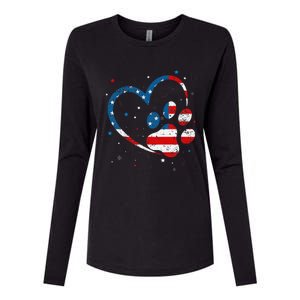 American Flag Patriotic Dog & Cat Paw Print 4th Of July Womens Cotton Relaxed Long Sleeve T-Shirt